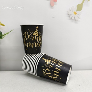 DAMAI Fournitures de fête du Nouvel An, Ensemble de vaisselle jetable noir et doré, comprenant assiettes, gobelets en papier et serviettes, pour la fête de la Bonne Année - Product Image 4