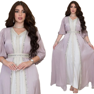 Ensembles de luxe 2 pièces pour femmes musulmanes, style <span class=keywords><strong>Moyen</strong></span>-Orient, robes Abaya de Dubaï, doux, longueur ras du sol, élégants, respirants, en polyester, col en V - Product Image 1