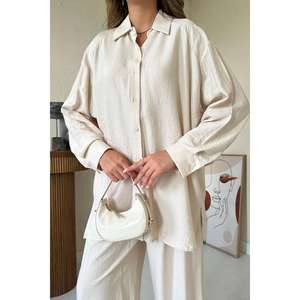 Conjunto de Camisa Beige Alice y Pantalones Anchos para Mujer, Manga Larga, Estilo Normcore Minimalista, Transpirable, con Apariencia de Lino - Product Image 1