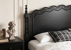 Premium <b>Queen</b> <b>Size</b> Black Wood Spindle <b>Bed</b> With Scalloped Wave Headboard For Vintage Bedroom - Product Image 3