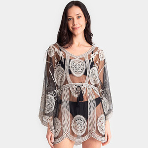 Blusa <span class=keywords><strong>de</strong></span> playa para mujer Blusa <span class=keywords><strong>de</strong></span> encaje bordado <span class=keywords><strong>de</strong></span> malla Suntan Sexy Bikini Traje <span class=keywords><strong>de</strong></span> baño Cubrir Ropa <span class=keywords><strong>de</strong></span> playa - Product Image 1