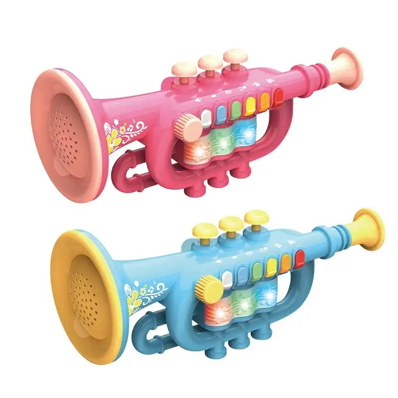 Mainan musik instrumen terompet, mainan instrumen musik simulasi trompet untuk anak-anak untuk bermain dengan lampu musikal-Begonia merah
