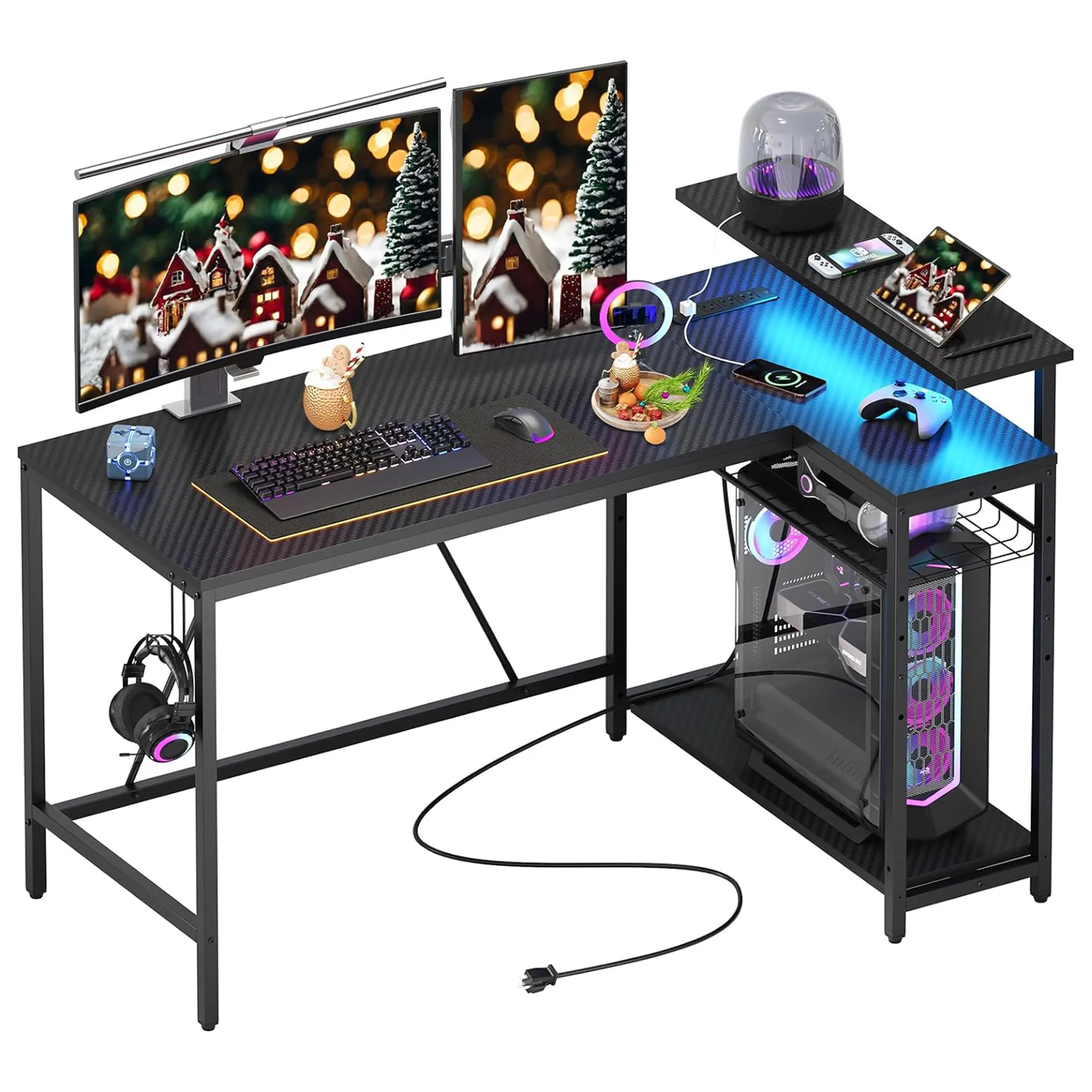 Pequeno Canto L Em Forma De Mesa De Jogos com Tomadas De Energia Mesa De Computador Reversível com Luzes LED Monitor Suporte para Home Office