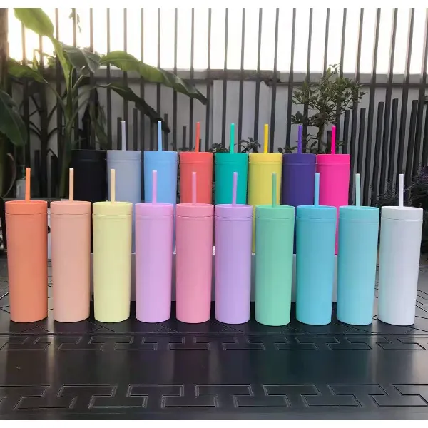 Reusable Matte Acrylic Tumblers with Lids 16oz Double Wall Plastic Skinny Tumblers Cup with Lid and Straw