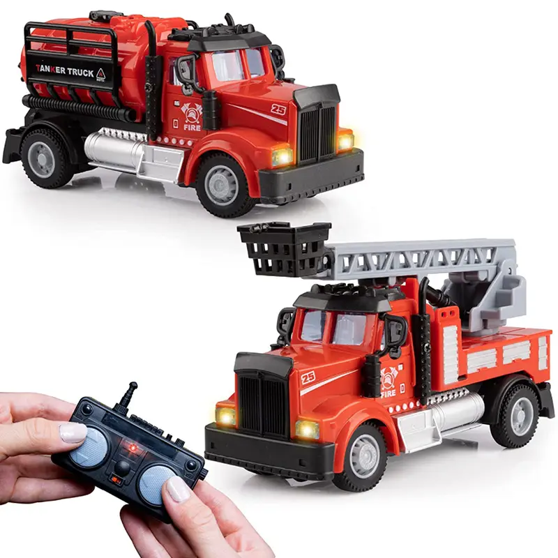 Mini caminhões de brinquedo rc, caminhão de bombeiros com controle remoto, conjunto de brinquedos com mini tanque de água, brinquedo com escada e bateria recarregável