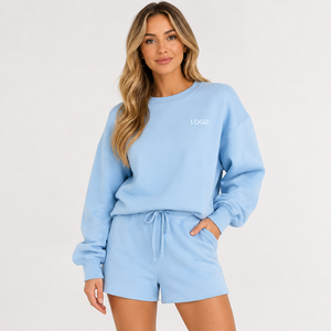 Ensemble de survêtement 2 pièces en coton éponge doux OEKO-TEX pour femme, couleur unie, avec broderie de logo personnalisée, OEM, ODM, vente en gros, faible MOQ pris en charge - Product Image 1