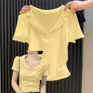 Polo con cuello en V, camisetas de algodón puro, <span class=keywords><strong>camisas</strong></span> plisadas ajustadas para abrazar la cintura, camisetas cortas personalizadas al por mayor - Product Image 1