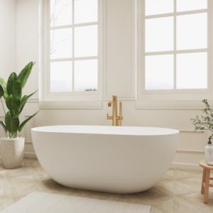 Bañera moderna independiente Maydon, bañera ovalada de superficie sólida, diseño de baño elegante, piedra Artificial, categoría de producto, bañeras - Product Image 2