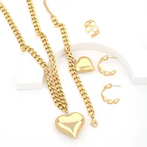 Jewelry Set Cuban Chain Necklace Bracelet Heart Earrings Ring Women&#39;s Titanium Steel Stainless Steel 2024 New Gold Plated