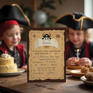 Carte d'invitation d'anniversaire sur le thème des pirates, style français, personnalisée, en papier rectangulaire, finition mate, design vintage européen - Product Image 1