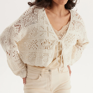 <span class=keywords><strong>Cardigan</strong></span> da Donna in Pizzo Crema con Scollo a V e Maniche a Sbuffo, Lavorazione all'Uncinetto, Personalizzato dalla Fabbrica Wisrise - Product Image 3