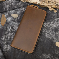 Hot Koop Crazy Horse Lederen Vintage Mobiele Telefoon Portemonnee Mannen Bruin Rits Lange Portemonnee Lederen Mannen Portefeuilles