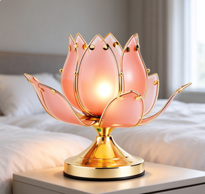 Lámpara de Mesa de Lujo con Flor de Loto Rosa, 25 cm de Altura, Marco de Metal Dorado, Pantalla de Vidrio, LED, Lámpara Decorativa de Noche para Dormitorio - Product Image 6