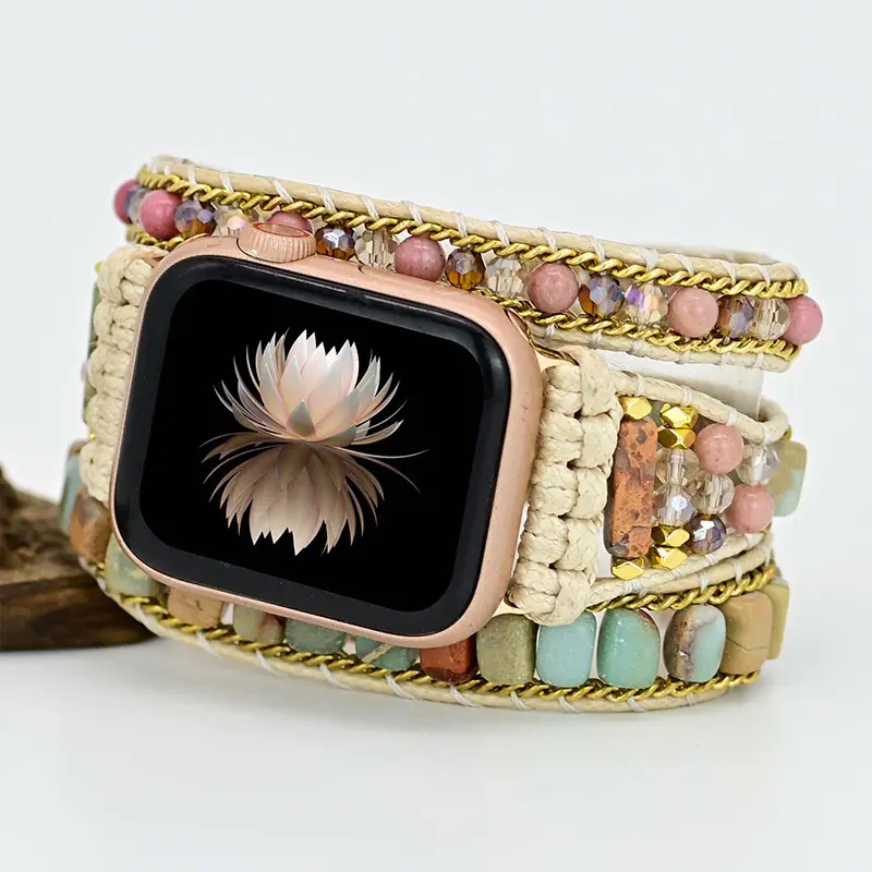 Уникальные Многослойные браслеты с бусинами в богемном стиле ремешок для умных часов из натурального камня Плетеный ремешок для часов ручной работы для часов Apple Watch
