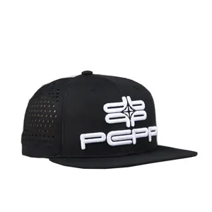 Individuelle hochwertige 6-Panel-Stickerei flache Rechnung schwarz wasserdicht Laser-Schneiden gebohrte Löcher perforierte Snapback-Kappe Hut