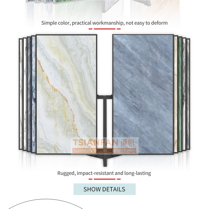 Custom ceramic tile rotating granite artificial stone sample push pull page turn marble metal quartz display stands