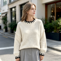 Pull en cachemire 100 % pour femme, col rond ample, à lacets, respirant, manches longues, tricoté, couleur unie, style décontracté et tendance