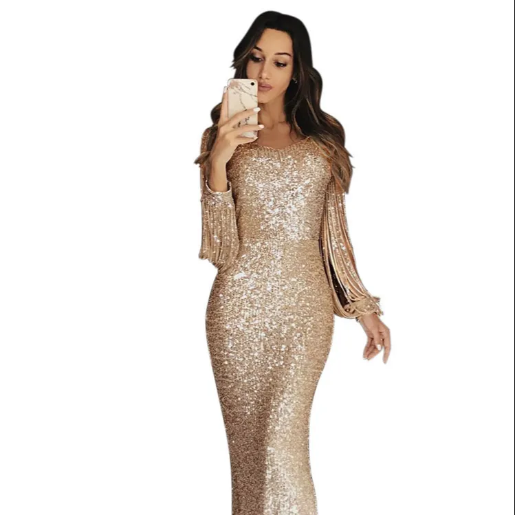 Wholesale Sexy Dinner Tassel Elegant Long Sleeve Ladies Evening Dress