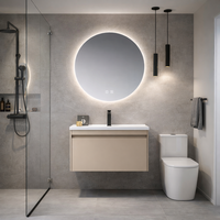 Meuble-lavabo de salle de bain flottant moderne avec miroir rond LED, armoire murale, vasque en céramique et tiroir à fermeture douce