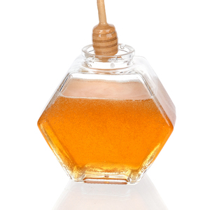 Pot De Miel De Miel Pot En Forme De Nid D'abeille En Verre Hexagonal Avec Louche En Bois et Couvercle En Bambou Vide 250ml 380ml <span class=keywords><strong>Cuisine</strong></span> Oem - Product Image 2