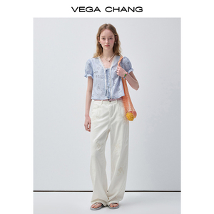 VEGA CHANG Camicetta a Maniche Corte Azzurra per Donna con Ricamo Traforato, Bordo in <span class=keywords><strong>Pizzo</strong></span>, Scollo a V e Maniche a Sbuffo, Orlo Corto - Product Image 3