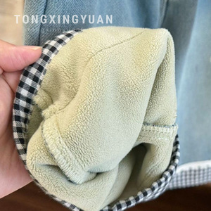 Childrens Fleece <b>Lined</b> Jeans <b>Pants</b> Thickened Straight Leg Warm Winter Wear For Girls Cotton Material With Plush Toy Included - Product Image 1