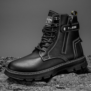 Martin Boot Men Ankle High <b>Round</b> <b>Toe</b> Flat <b>Heel</b> Rubber Outsole Anti-Slippery Microfiber Lining Solid Style Outdoor Workwear - Product Image 2