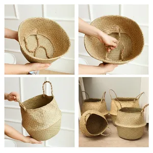 Hot Selling Shopping Fruit Baskets Foldable Round Woven Wicker Rattan Seagrass Belly Basket