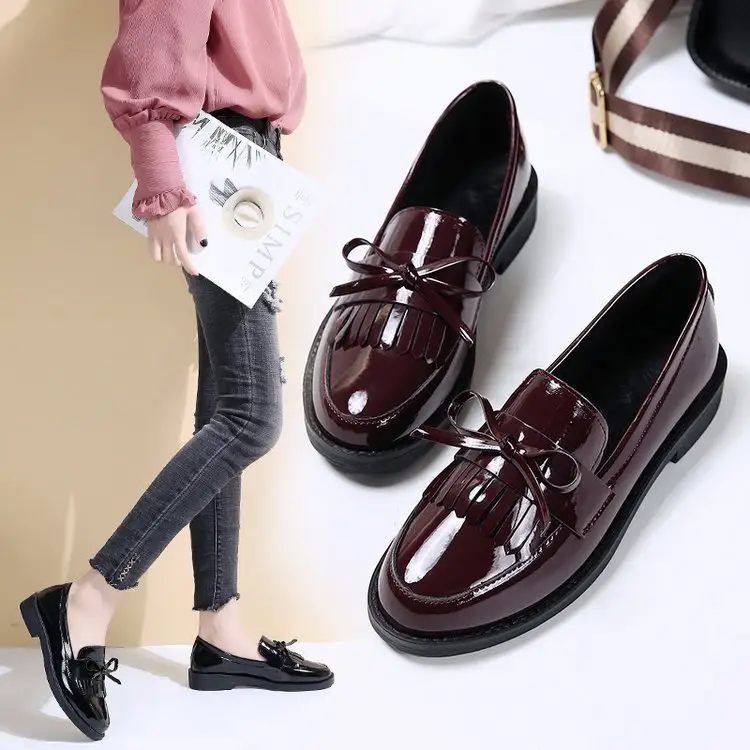 Black Patent Leather Women's Loafers Platform Slip on 2022 Spring British Tassel Casual Flats Shoes Woman