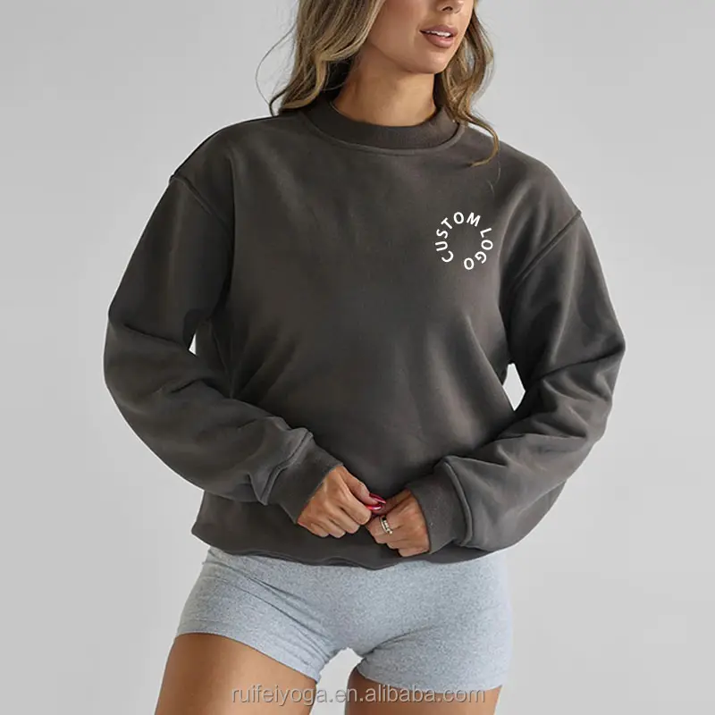 Wholesale Sweater Unisex Vintage Brown High Quality Custom Embroidery Thick Premium Cotton Fleece Crewneck Sweatshirt For Women