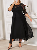 Nouveau design de mode d'été Dentelle florale noire Col rond Demi-manches Minceur Robes longues grande taille pour femmes