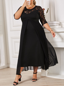 Nouveau design de mode d'<span class=keywords><strong>été</strong></span> Dentelle florale <span class=keywords><strong>noire</strong></span> Col rond Demi-manches Minceur Robes longues grande taille pour femmes - Product Image 3