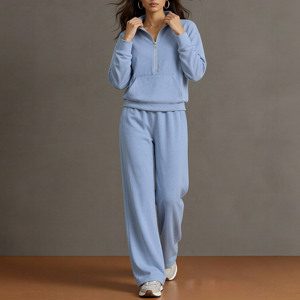 Completo da donna due pezzi: <span class=keywords><strong>Felpa</strong></span> con mezza zip a maniche lunghe e pantaloni a gamba larga – Tuta casual comoda per il tempo libero - Product Image 2