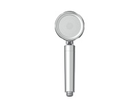 Pomme de douche à main moderne à une poignée avec finition chromée et surface polie améliorée par un motif de pulvérisation de massage et une filtration