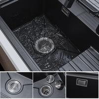 Évier de cuisine rectangulaire en granit quartz, cuve simple, avec égouttoir, robinet extractible inclus, distributeur de savon, noir mat, moderne