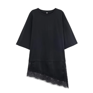 Nuova Moda 2026: T-shirt da <span class=keywords><strong>Donna</strong></span> Slim Fit con Collo Tondo, Maniche Corte e Dettagli Asimmetrici in <span class=keywords><strong>Pizzo</strong></span> e Canapa - Product Image 3