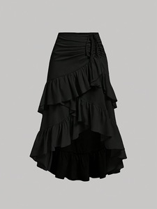 Nuova <span class=keywords><strong>Gonna</strong></span> Midi Estiva da Donna a Vita Alta con <span class=keywords><strong>Balze</strong></span> a Strati, Asimmetrica, Tinta Unita, Stile Casual Dolce da Spiaggia - Product Image 2