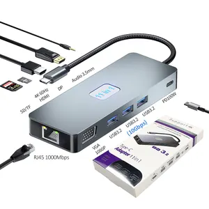 Justlink 11合1 USB集线器类型C HDMI 4K 60Hz DP VGA USB3.2 10gbps千兆网络端口1000Mbps SD TF 3.5毫米适配器音频库存