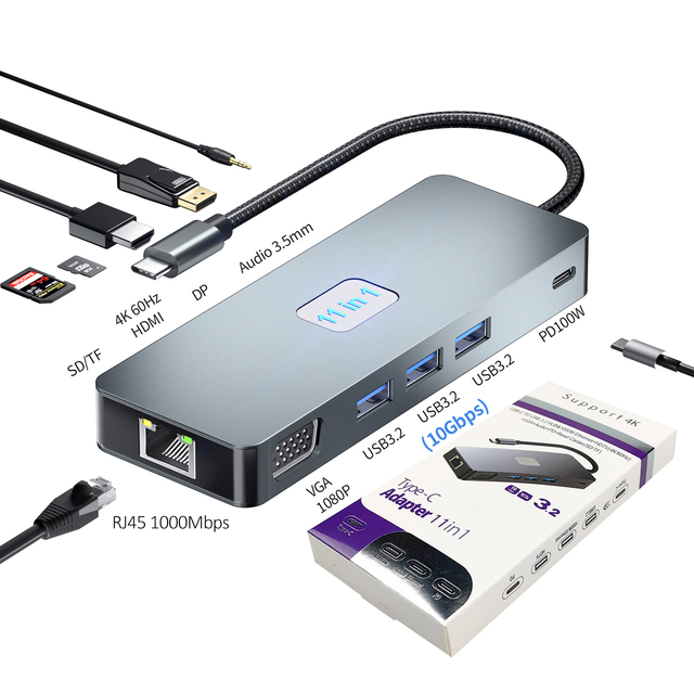 Justlink 11 in 1 USB Hub TYPE C HDMI 4K 60Hz DP VGA USB3.2 10Gbps Gigabit Network Port 1000Mbps SD TF 3.5mm Adapter Audio Stock