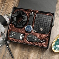 Set Hadiah Jam Tangan Pria Chronograph Bisnis, Dompet, Sabuk, Gantungan Kunci 5pcs/set, Hadiah Ulang Tahun Liburan