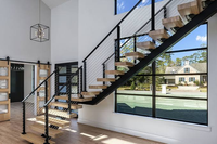 Escalier droit CBMmart Mono Beam en chêne blanc américain massif avec marches en bois et garde-corps en câble d'acier inoxydable