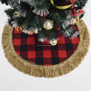 36'' red and black plaid Yarn-dyed fabric Christmas tree skirt with faux fur border