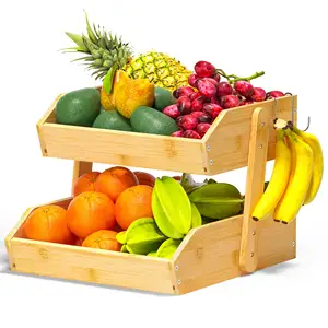 Cesta de pan para almacenamiento de frutas y verduras, organizador de aperitivos de gran capacidad, soporte para frutas de bambú, Bol de 2 niveles