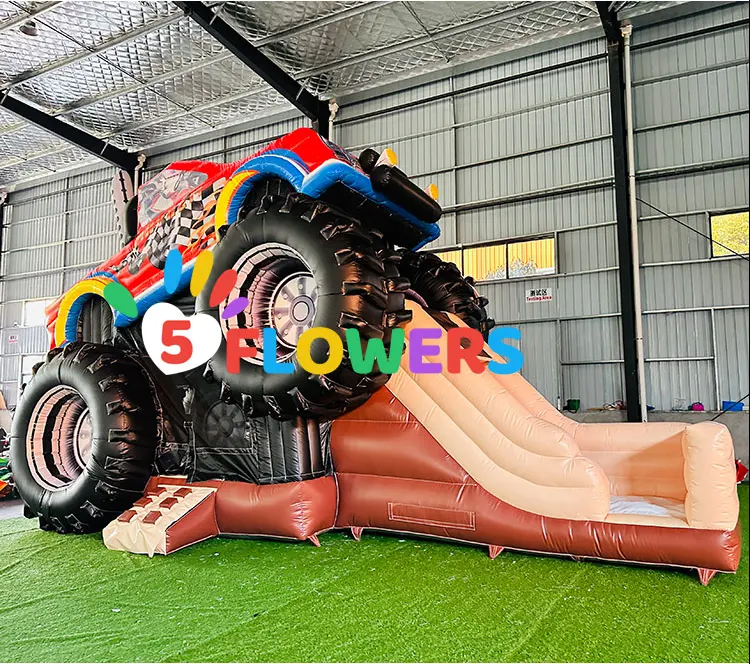 High duty pvc vinyl inflatable monster truck bounce house with slide kids jumper bouncer for party rental