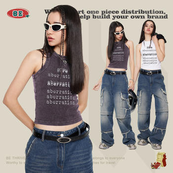Be Women's Clothing 2025 Spring and Summer Cross-border American Street Fashion Brand Hot Girl Letter Printing Outdoor Washed
