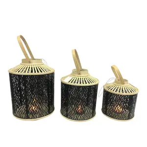 Wooden Hanging Decorative Wicker Candle Holder Handmade Bamboo Fabric Lantern For Home Decor