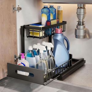 2 Tier Metal Under Sink Organizer Sliding Pull Out Cabinet <b>Basket</b> Drawers <b>Storage</b> Organizer Slide Out Sink Shelf for Kitchen - Product Image 1