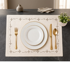 Premium Linen <b>Placemat</b> with Elegant Embroidered Fleur-de-Lis Border | Luxury Cream Dining Table Mat - Product Image 5