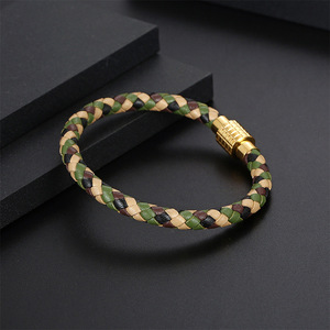 Braided PU <b>Leather</b> <b>Bracelet</b> Gold Plated Clasp Camouflage Pattern Unisex Casual Sporty Style - Product Image 1
