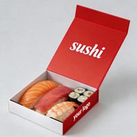 Boîte cadeau en papier personnalisée noire brillante à fermeture magnétique de luxe pour sushis, fruits de mer arctiques, sashimi, crevettes sucrées